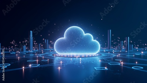 Cloud Computing and Technology: A futuristic digital cityscape with a glowing cloud at its center, signifying the power and potential of cloud computing. Representing data storage, network.