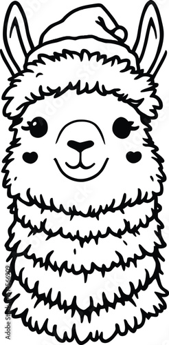Cute cartoon llama wearing a Santa hat outline vector art for Christmas coloring pages and holidays