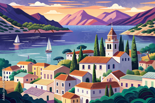View of Mediterranean romantic landscape with village in the first plan, sea and mountains in the background vector illustration
