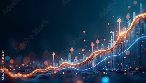 Soaring Ascent: A visually striking data visualization showcasing a dynamic upward trend, with vibrant lines and illuminating particles against a dark backdrop