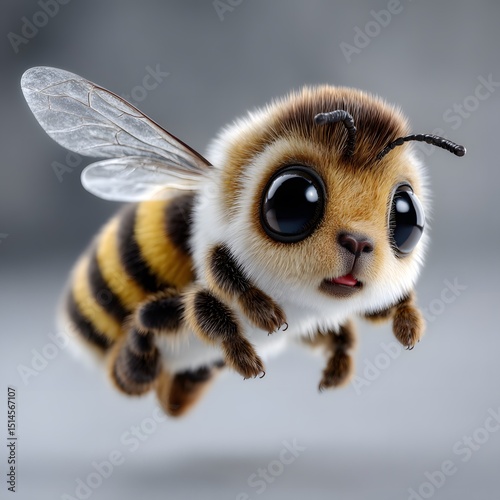 Adorable Bee-Dog Hybrid with Large Eyes and Fuzzy Body on Gray B