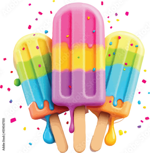 Vibrant rainbow colored popsicles melting with sprinkles vector illustration for summer treats