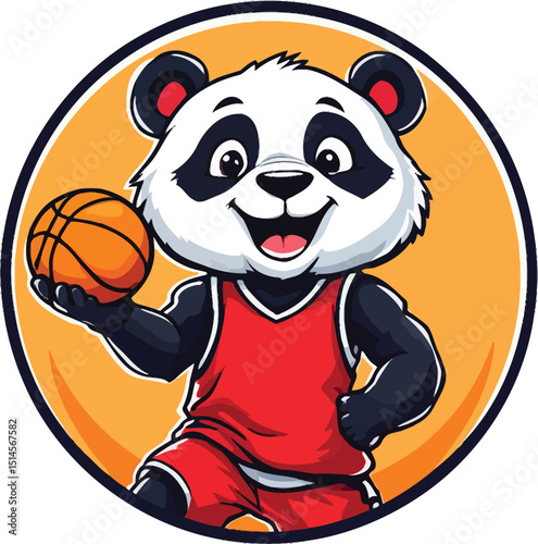 Cute cartoon panda mascot playing basketball in jersey vector logo for sports teams and kids brands