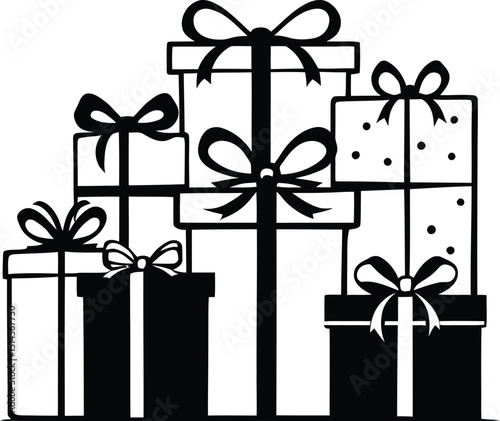 Stack of assorted gift boxes with bows black silhouette vector for holiday celebration and presents