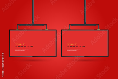 Set of two Hanging wide screen LEDs for  Mockup in 3D vector, illusstration. ARealistic hanging LED screen on red background.