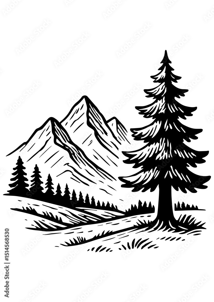 Obraz premium Black and white mountain landscape with forest view. Ideal for engraving, laser cutting, prints, logos, and creative illustrations