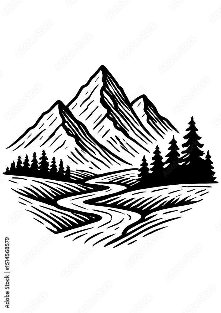 Fototapeta premium Black and white mountain landscape with forest and winding path. Perfect for engraving, prints, logos, and creative illustrations