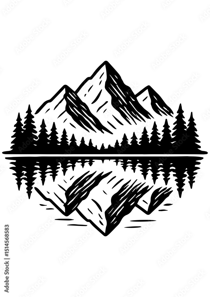 Fototapeta premium Black and white vector of a mountain and forest landscape with a lake reflecting trees and peaks. Perfect for engraving and creative projects