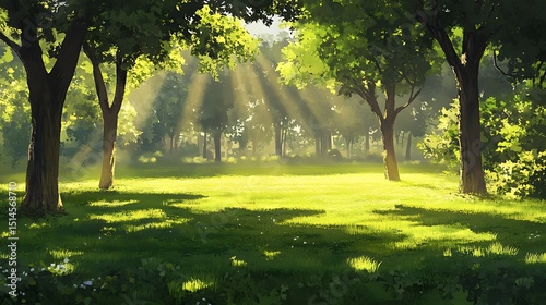Serene park with tall trees casting long shadows on the dewy grass, illuminated by soft morning sunlight filtering through the foliage.