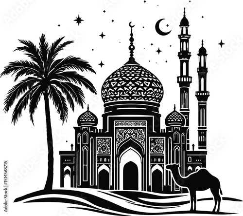 Ornate mosque or Taj Mahal inspired building with palm tree, camel, and starry night vector silhouette