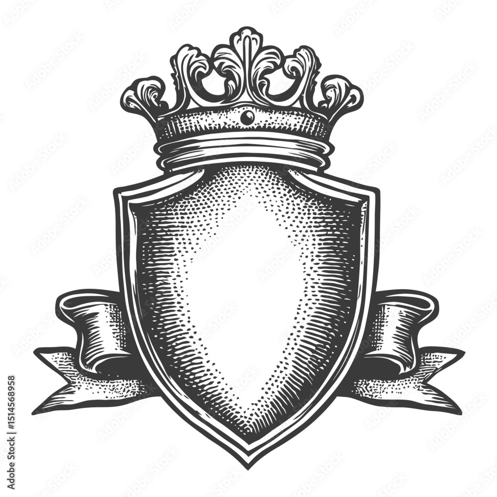 Obraz premium Vintage Engraved Shield with Crown and Ribbon Design Illustration