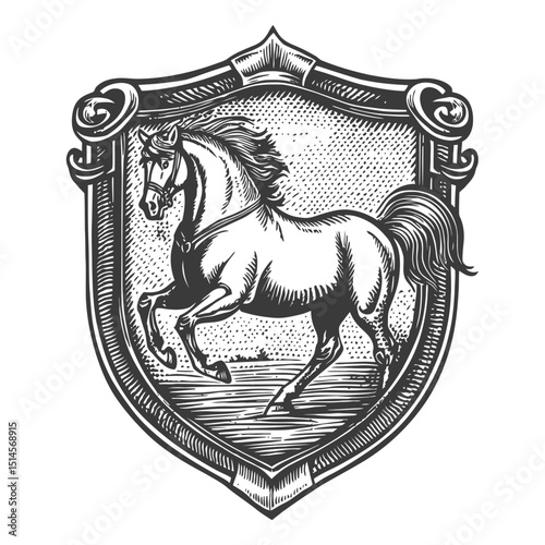 Vintage Engraving of Galloping Horse in Decorative Shield Frame