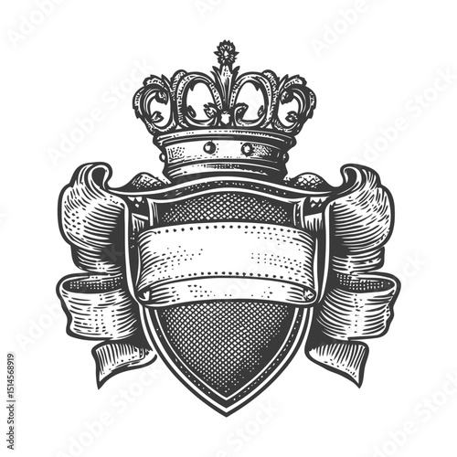 Vintage Engraving of a Royal Crest with Crown and Ribbon Banner
