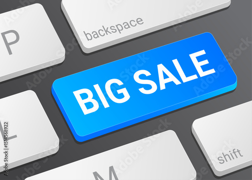 Big Sale Button on Computer Keyboard with White Text for Online Promotion Ecommerce Marketing and Shopping Interface Close Up Illustration
