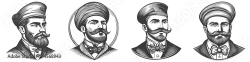 Vintage Engraving of Four Distinguished Mustachioed Gentlemen Portraits