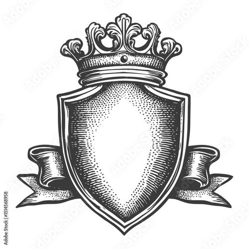 Vintage Engraved Shield with Crown and Ribbon Design Illustration