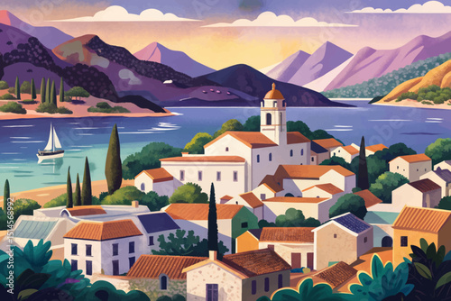 View of Mediterranean romantic landscape with village in the first plan, sea and mountains in the background vector illustration