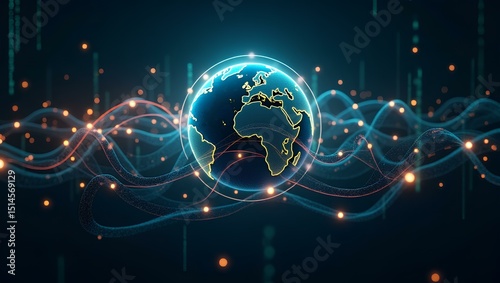Global Network: A vibrant digital depiction showcases the interconnectedness of our planet, featuring an illuminated globe encircled by flowing lines, representing global communication.