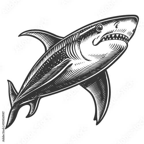 Vintage Engraved Shark Illustration in Detailed Woodcut Style