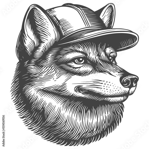 Vintage Engraving of a Dog Wearing a Cap in Woodcut Style