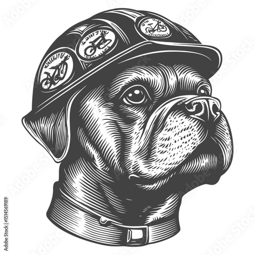 Vintage Illustration of a Dog Wearing a Helmet with Badges