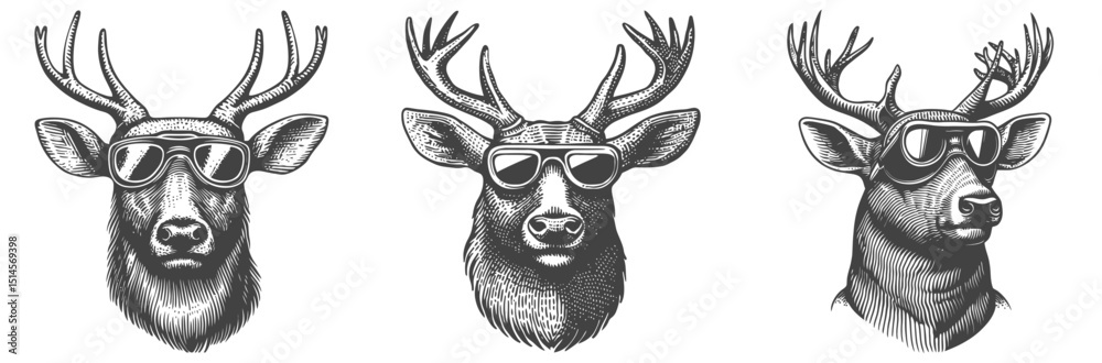 Fototapeta premium Vintage Illustrative Engraving of Deer Heads in Sunglasses