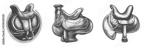 Vintage Engraving of Different Saddle Designs in Black and White