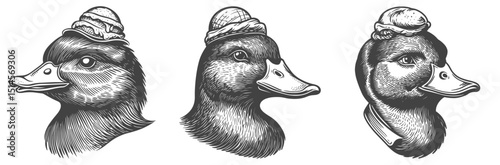 Vintage Engraving of Three Ducks with Hats in Whimsical Style