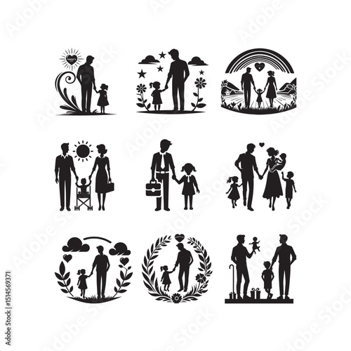 Parent's Day Silhouette Vector Illustration, Solid White Background.