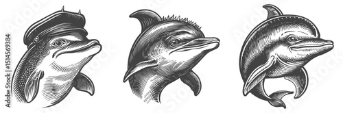 Vintage Engraving of Dolphin Illustrations with Artistic Styles