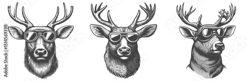 Vintage Illustrative Engraving of Deer Heads in Sunglasses