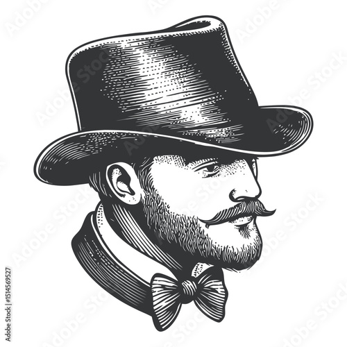 Vintage Engraving of a Stylish Gentleman in a Top Hat and Bow Tie