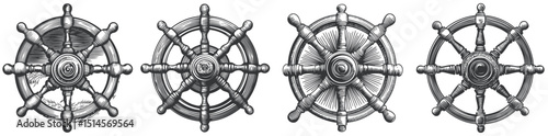 Vintage Engravings of Nautical Ship Wheels in Detailed Illustration