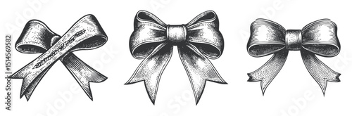 Vintage Engraved Illustrations of Decorative Ribbons and Bows