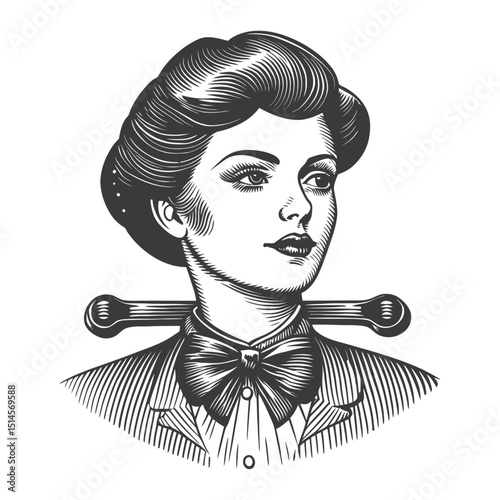 Vintage Engraving of a Stylish Woman with Bowtie and Paddle