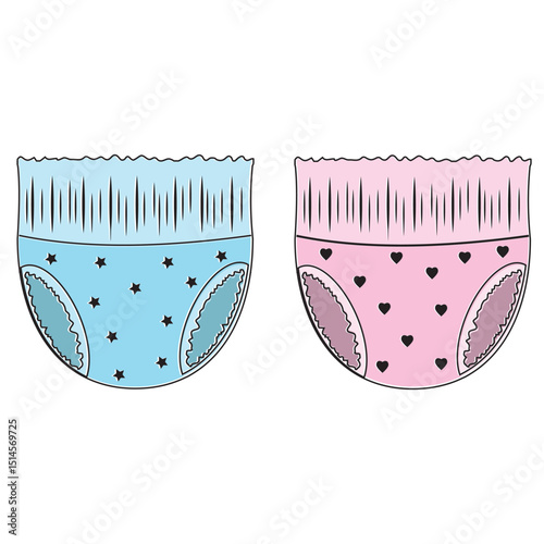 Cartoon-style baby absorbent diapers. Vector illustration for packaging diapers and other products for newborns