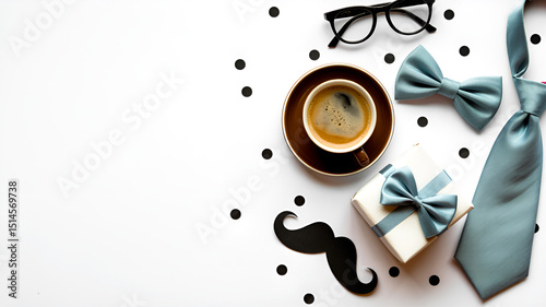Father s Day Flat Lay with Coffee Gift Tie Bowtie and Glasses on a White Background with Black Polka Dots and Ample Copy Space