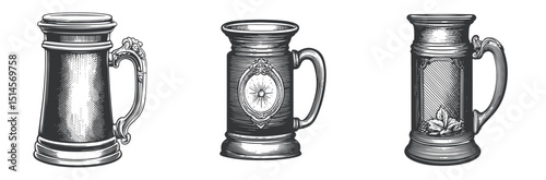 Vintage Engraving of Classic Beer Mugs in Detailed Illustration Style