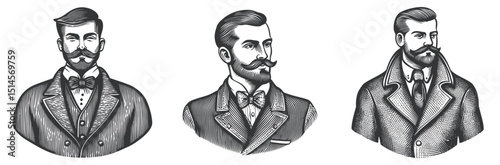 Vintage Engraved Portraits of Stylish Men with Mustaches and Coats
