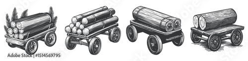 Vintage Woodcut Illustration of Log Carts and Timber Transport Vehicles