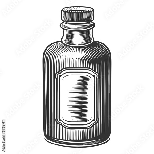 Vintage Engraved Glass Bottle Illustration with Lid and Label Design