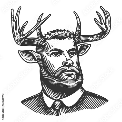 Vintage Engraving of a Man with Antlers in Detailed Illustration