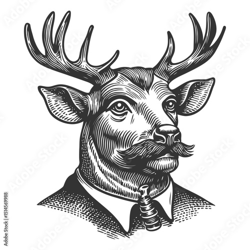 Vintage Engraving of a Deer with a Mustache in a Formal Attire