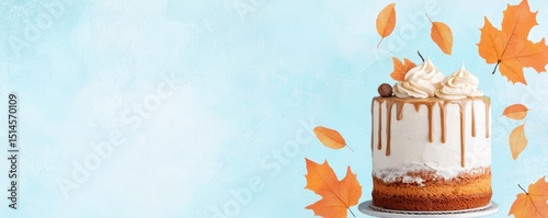 cake frosting minimalist concept. Delicious cake adorned with autumn leaves against a soft blue background.