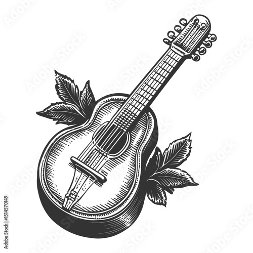 Vintage Engraving of a Guitar with Leaves in Black and White Style