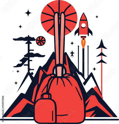 Dynamic explorer adventure with backpack, skis, mountains, and launching rocket stylized vector art