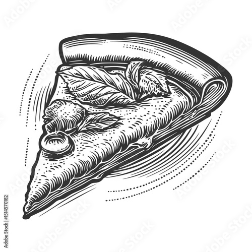 Vintage Woodcut Illustration of a Slice of Pizza with Herbs