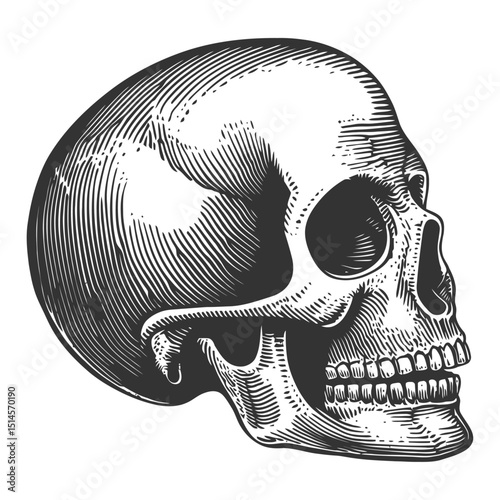 Vintage Engraving of a Human Skull in Detailed Woodcut Style