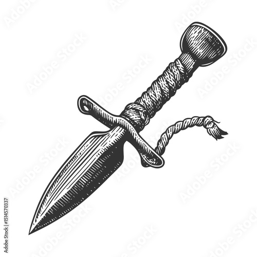 Vintage Engraving of Detailed Dagger with Twisted Handle Design