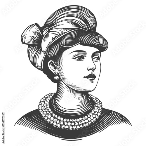 Elegant Vintage Woman Portrait in Engraving Style with Pearls